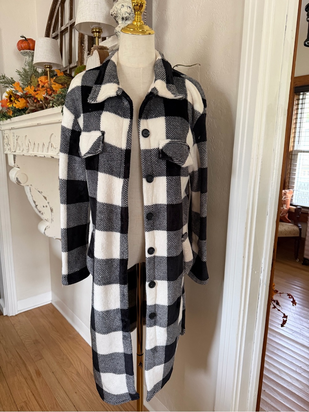 SHEIN Black & White Buffalo Plaid Long Shacket Coat